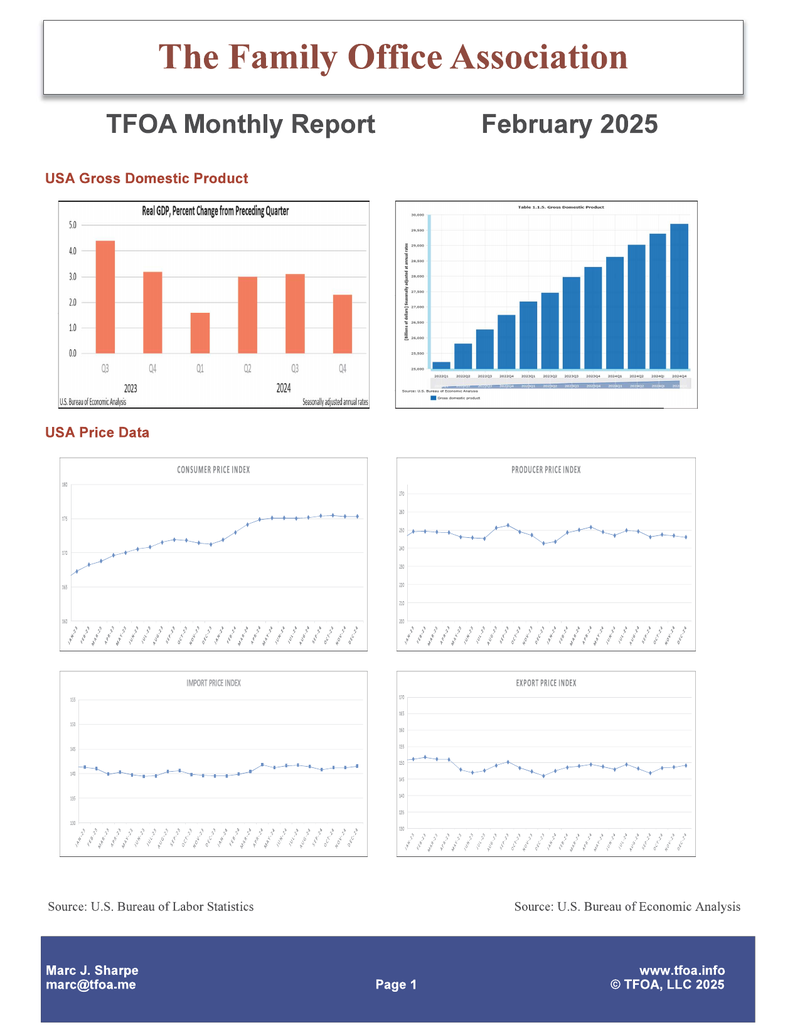 TFOA Monthly Economic Update — February 2025: report cover showing US GDP, CPI, PPI and import/export price charts