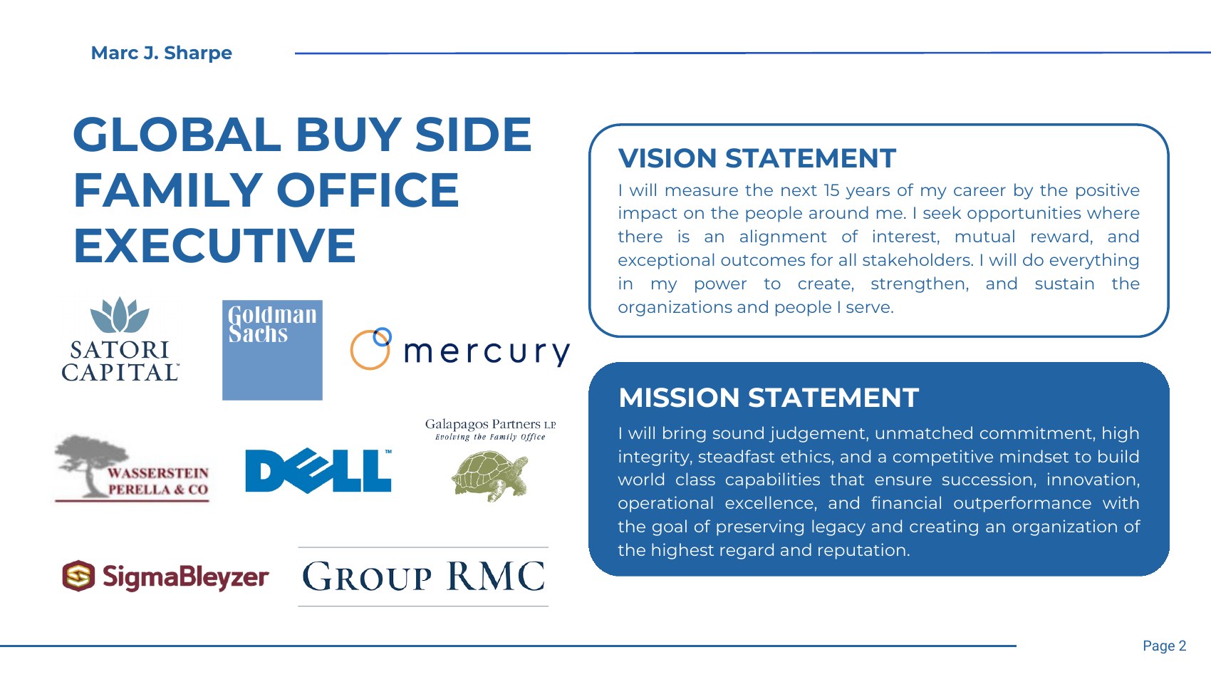 Marc J. Sharpe — Global Buy Side Family Office Executive — Vision and Mission