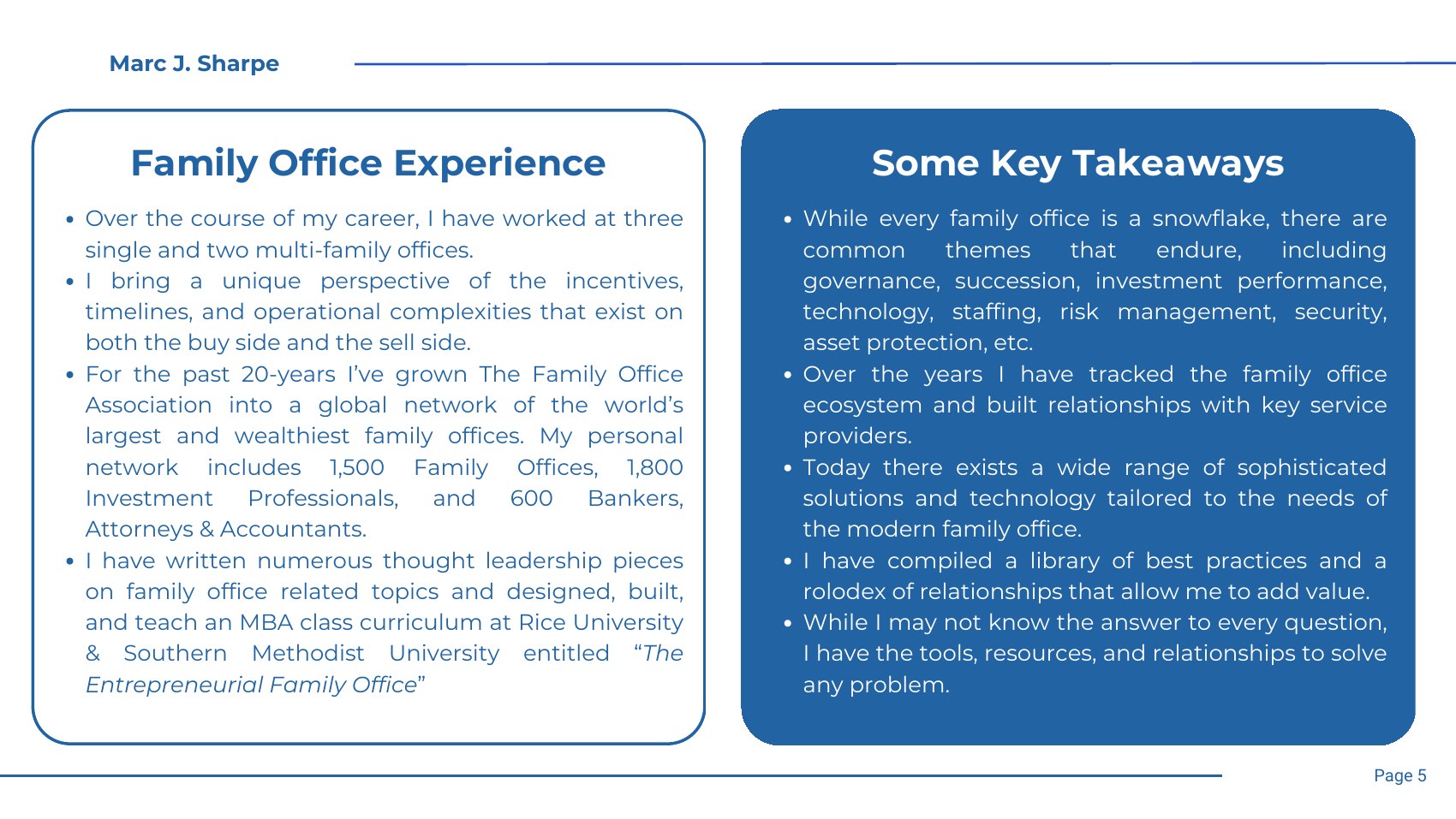 Marc J. Sharpe — Family Office Experience and Key Takeaways
