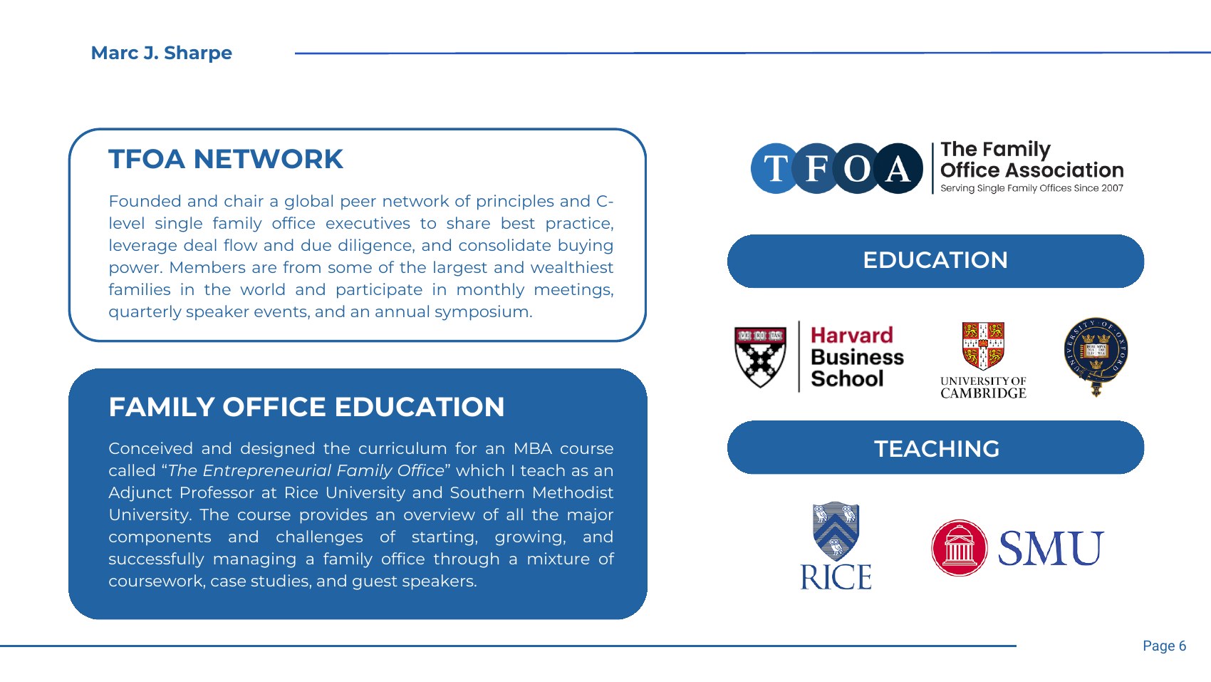 Marc J. Sharpe — TFOA Network, Education and Teaching