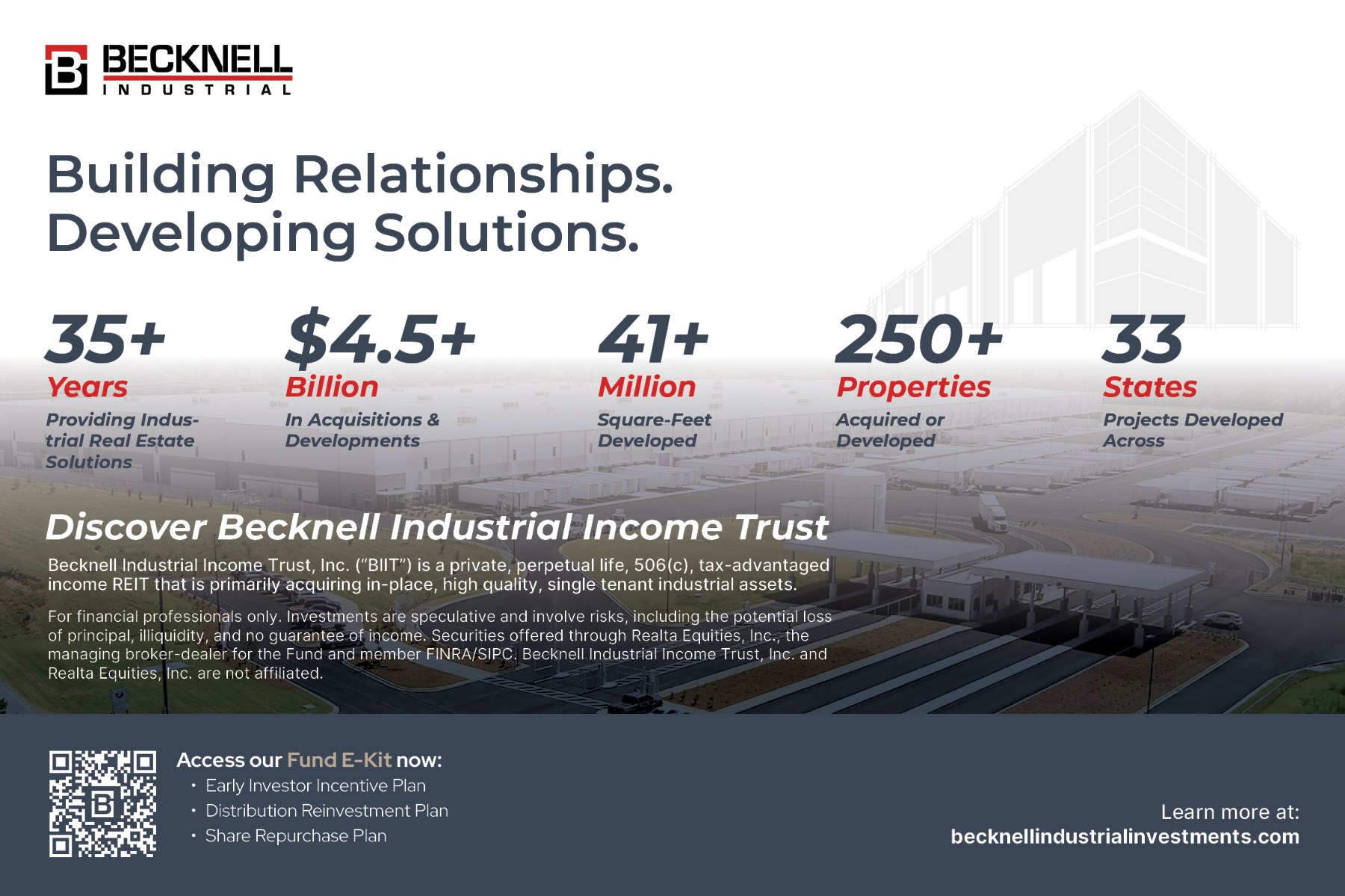 Becknell Industrial advertisement: Building Relationships. Developing Solutions. 35+ years, $4.5+ billion in acquisitions and developments, 41+ million square feet developed, 250+ properties, 33 states. Discover Becknell Industrial Income Trust. becknellindustrialinvestments.com