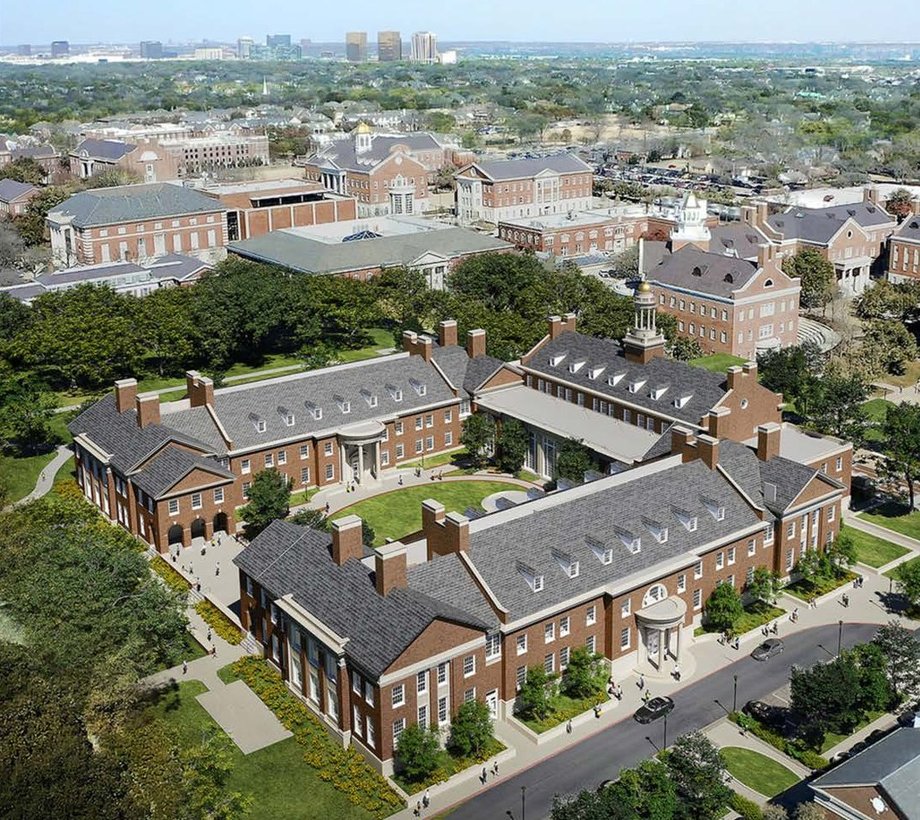 Aerial view of the SMU Cox School of Business campus, Dallas
