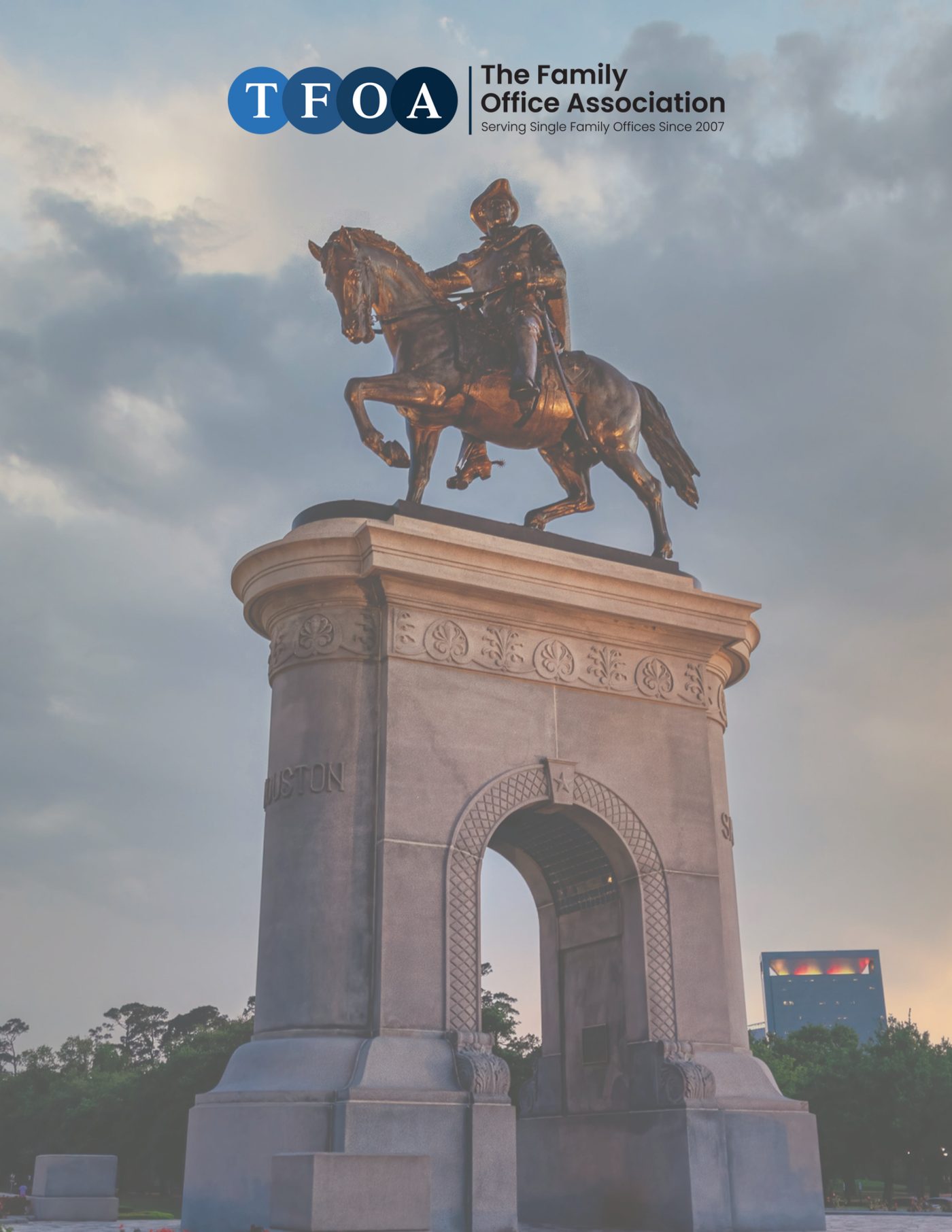 The Family Office Association logo over the Sam Houston monument, Houston