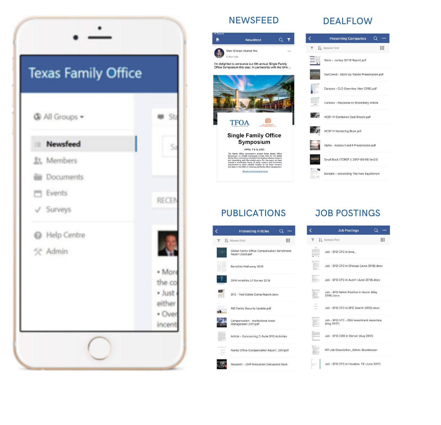 Screens from the TFOA member portal app: newsfeed, dealflow, publications and job postings