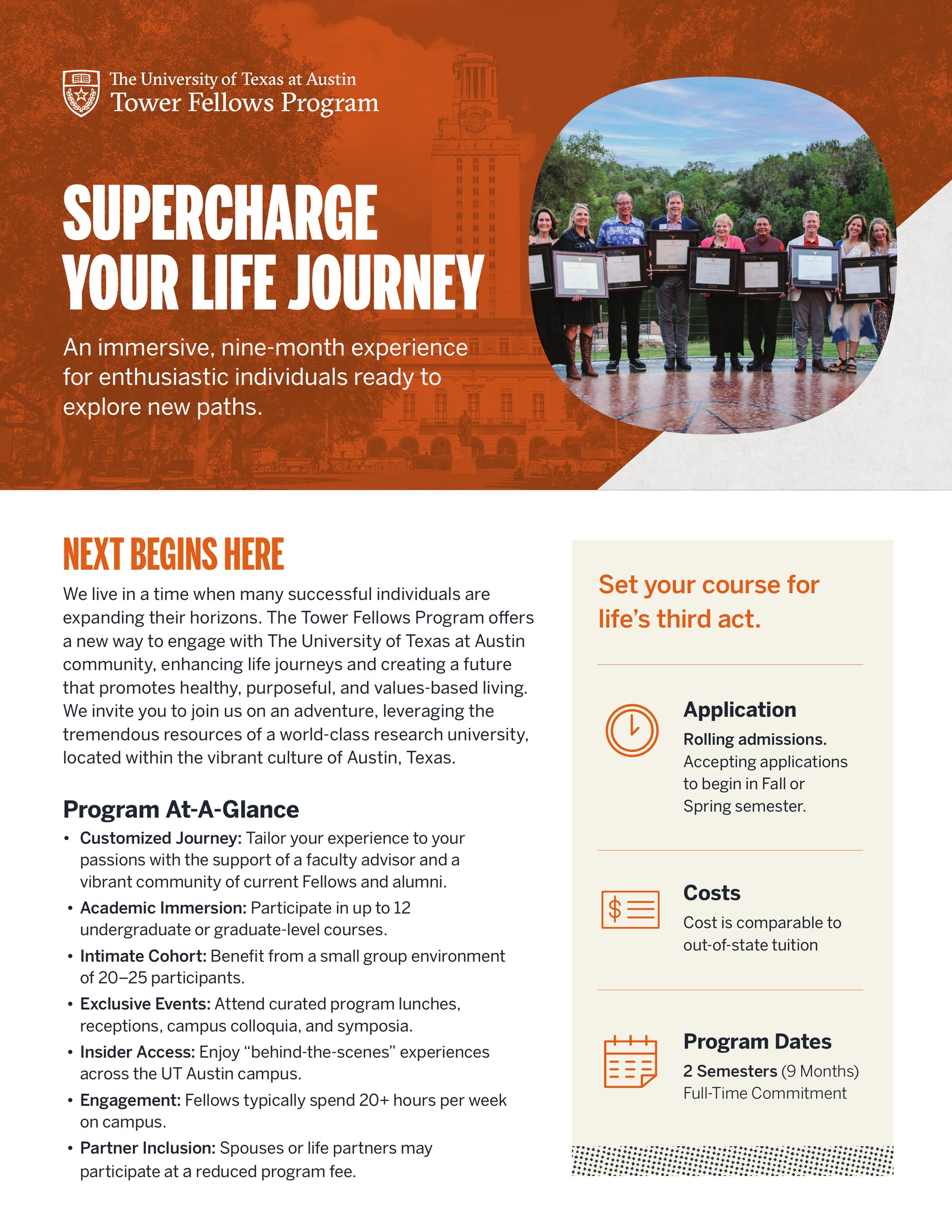 The University of Texas at Austin Tower Fellows Program: Supercharge Your Life Journey. An immersive, nine-month experience for individuals ready to explore new paths.